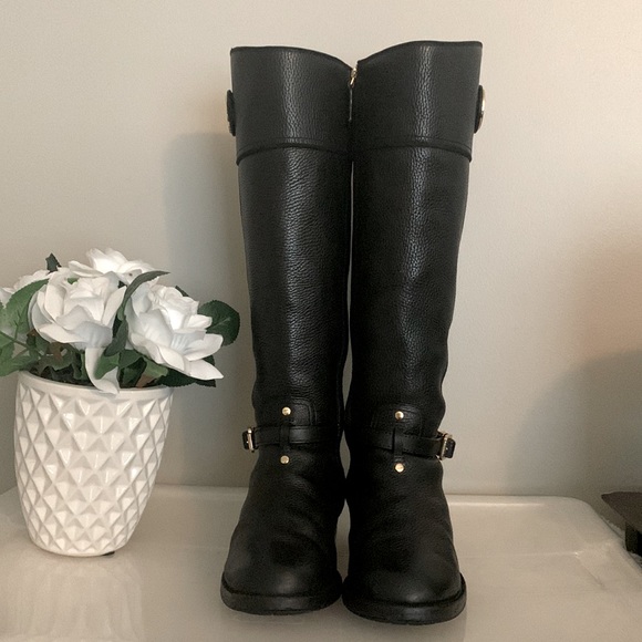 Tory Burch Teresa Logo Black Tumbled/Pebbled Leather Riding Boots - Picture 11 of 15